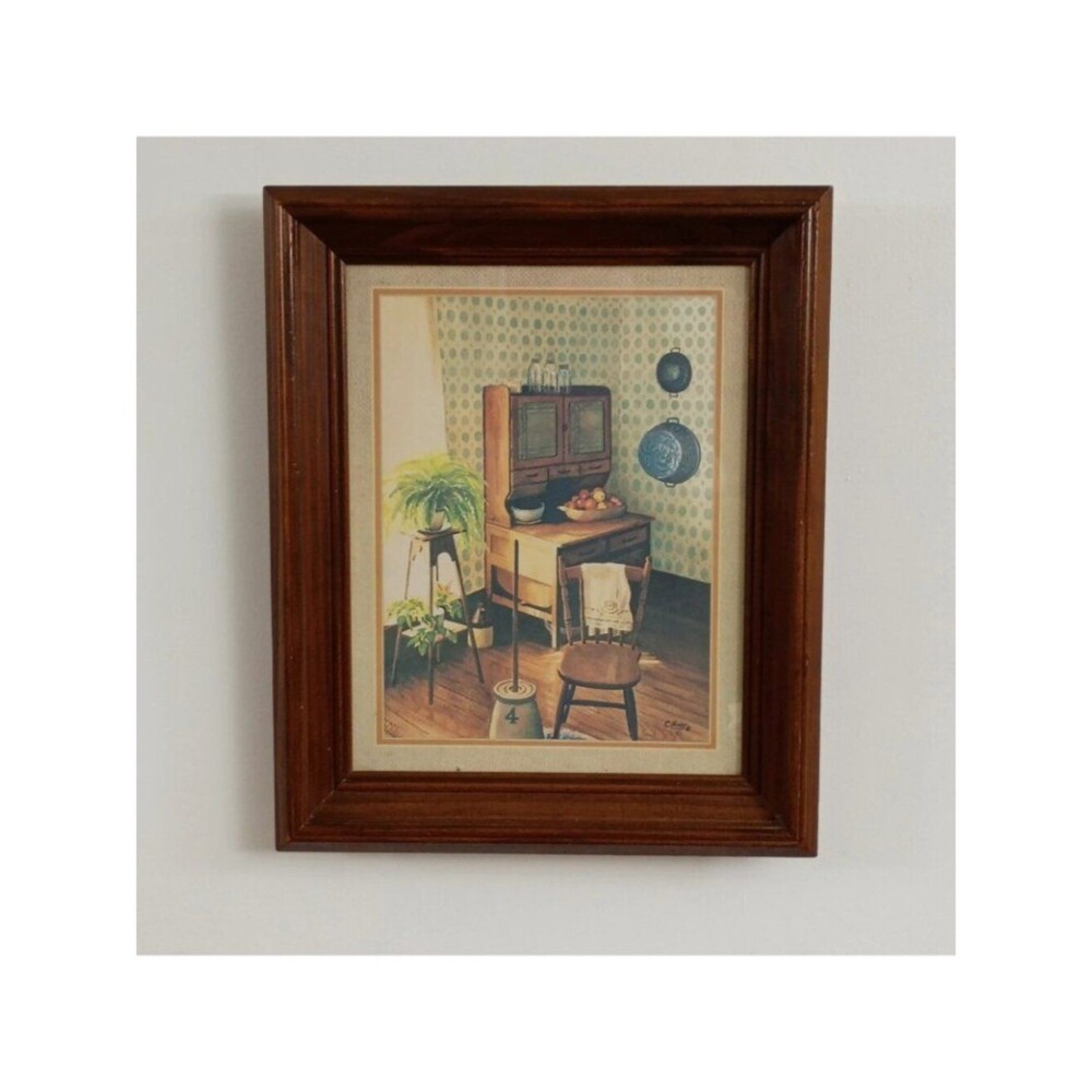 Vintage 1981 Signed Kitchen Print by C. Wray Farmhouse Wall Art in Wood Frame - Picture 2 of 10